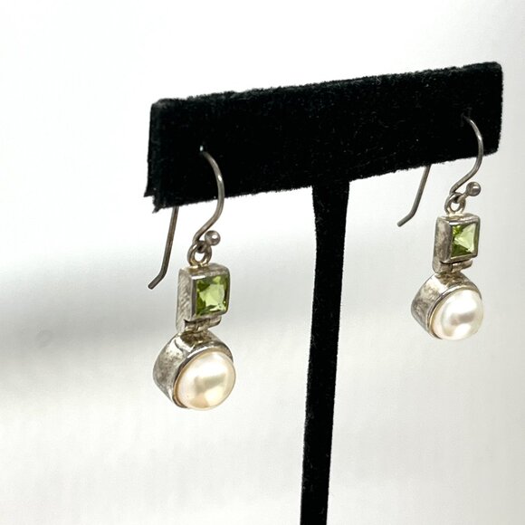 VINTAGE STERLING 925 PEARL GREEN STONES EARRINGS SIGNED NF THAILAND MODERNIST - Picture 5 of 12